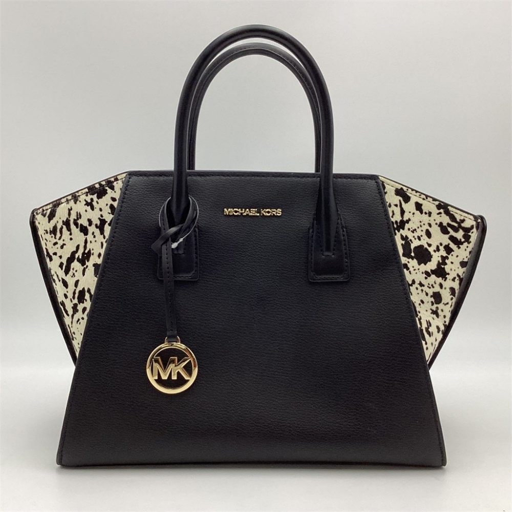 Michael Kors Avril Black Leather & Cowhide Satchel Bag NWT
